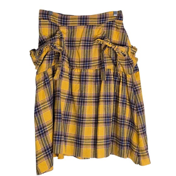 Mustard Yellow & Blue Plaid Skirt w/ Raw Hem & Adjustable Pockets w. Bows Large - Picture 1 of 4